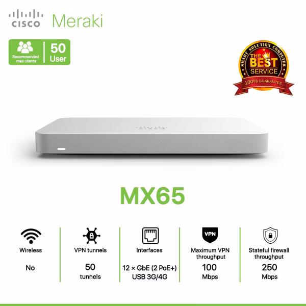 Cisco Meraki MX65-HW UTM Firewall + 3Y/5Y/7Y/10Y License